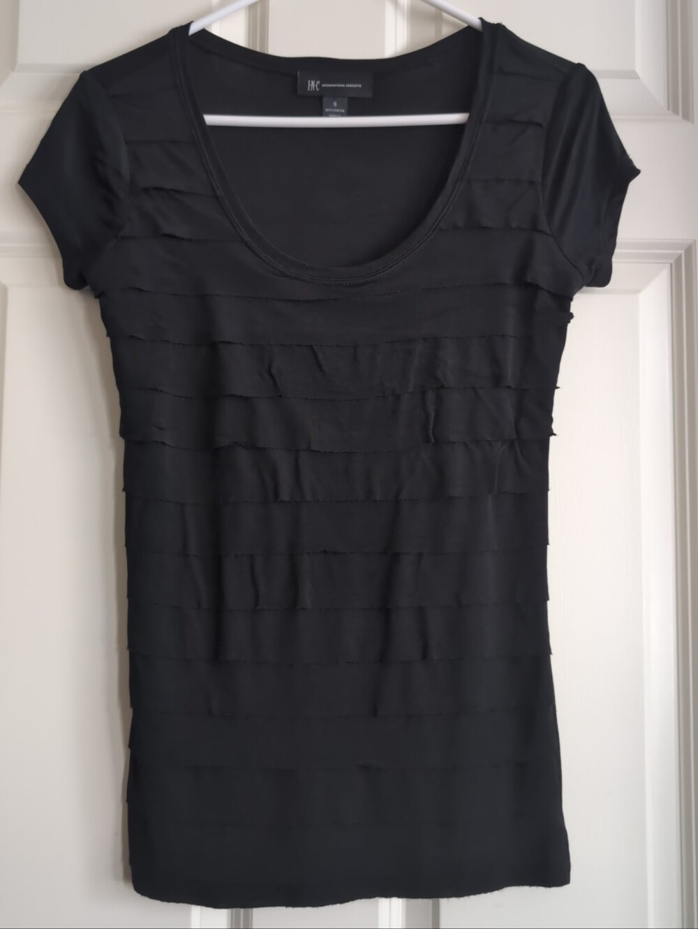 Black semi sheer rayon tiered shutter ruffle cap sleeve scoop neck tee